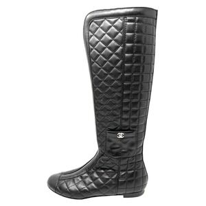 Retro Chanel Quilted Black Leather Knee Boots 38 CC Logo Back Zip Designer